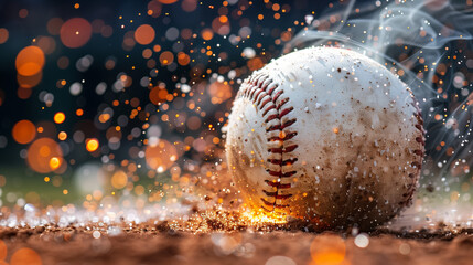 Baseball on the Infield Chalk Line. Ball of baseball on the lawn. Baseball on the Pitchers Mound. Close-up of a baseball. new baseball ball on red track rubber. Baseball on home plate of dirt baseball - obrazy, fototapety, plakaty