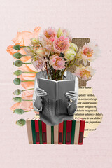 Creative vertical artwork collage of headless woman reading flowers encyclopedia library studying...