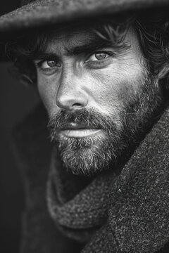 Close-up black and white portrait of a middle-aged man with a beard.