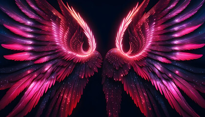 A close-up photo of angel wings with a red and pink color scheme 
