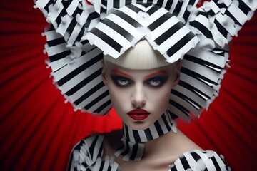 Striking portrait of a model with bold stripes, contrasting sharply against a crimson backdrop
