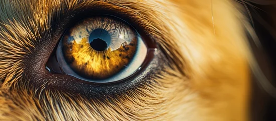 Fotobehang A closeup macro photography shot of a dogs eye showcasing an electric blue iris and eyelash, resembling a beautiful art piece. The wood background adds a terrestrial animal touch to the image © 2rogan