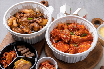 Korean food, braised spicy chicken, spicy, steamed chicken, soy sauce, side dishes, steamed eggs, ham, kimchi, traditional
