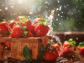 fresh strawberries in the wooden bowl with water splashing  - 762393505