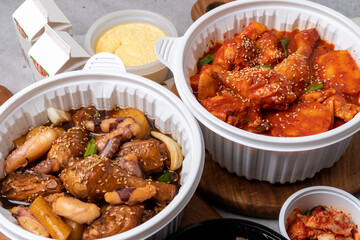 Korean food, braised spicy chicken, spicy, steamed chicken, soy sauce, side dishes, steamed eggs, ham, kimchi, traditional