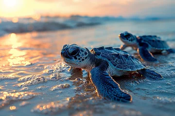 Fotobehang Close-up of sea turtle hatchlings embarking on their first ocean journey © Attila
