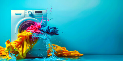 Clothes tumble out of a washing machine, their vibrant colors and fresh scent captivating the viewer. , advertising style, copy space, - obrazy, fototapety, plakaty