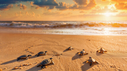 Fototapeta na wymiar Sea turtle hatchlings scurrying across the sandy beach to the sea, golden sunset light
