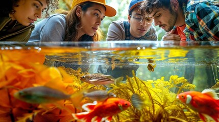 Young adults captivated by the art of aquatecture, crafting an underwater oasis together in a fish tank