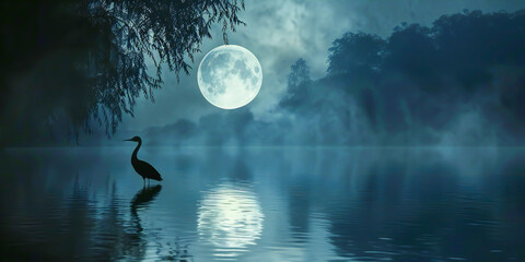 Gliding across a serene moonlit pond, its reflection a perfect mirror on the waters surface