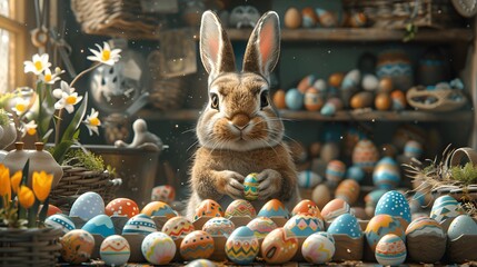 Fototapeta na wymiar Easter Bunny amidst eggs of myriad patterns and hues.