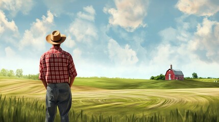 Illustration of a farmer wearing cowboy hat visits the agricultural field.