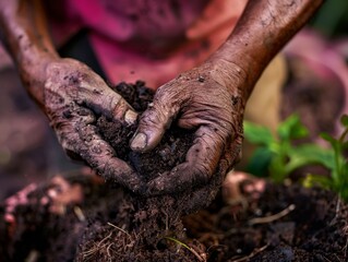 Elderly man's hands cradling fertile soil, symbolizing the essence of Biodynamic Gardening in Honest Frames