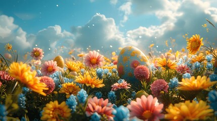 Fototapeta na wymiar Bright Easter eggs nestled among spring meadow flowers.