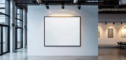 A blank white poster on a spotless wall is the focal point of this modern art space, which is lit...