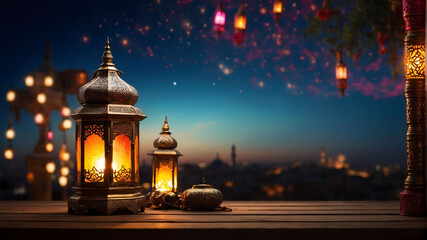 A lantern is placed on a wooden table with a beautiful background for the Muslim feast of the holy month of Ramadan Kareem. - obrazy, fototapety, plakaty