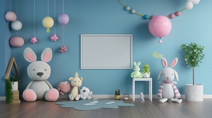 High quality wall art frame mockup. Lovely baby room, blue home interior design, 3d rendering