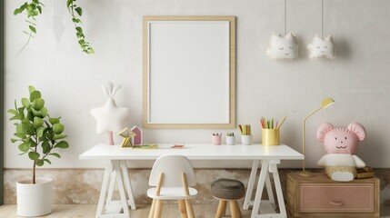 High quality wall art frame mockup. Lovely baby room, white home interior design, 3d rendering