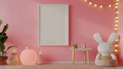High quality pink wall art frame mockup. Lovely baby room, home interior design, 3d rendering