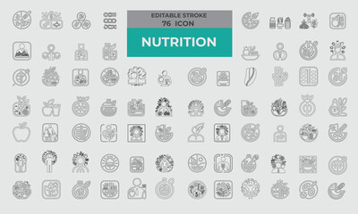 76 Stroke Icons for Nutrition set in line style. Excellent icons collection. Vector illustration.