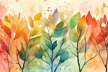Abstract floral art. Watercolour illustration of colourful autumn leaves and branches. Watercolor background template. 