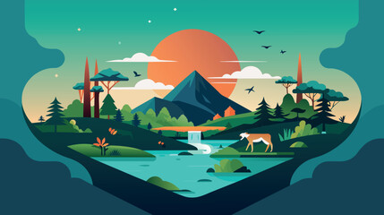 Tranquil landscape with mountains, waterfalls, and wildlife
