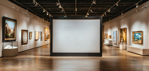 A gallery exhibit hall with a blank white poster displayed alongside a diverse collection of contemporary artworks