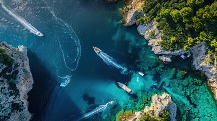 Beautiful aerial view of Capri island, with boat trails on the water - obrazy, fototapety, plakaty