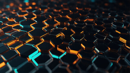 Obraz premium Black neon blue and orange neon hexagons background. 3d background
