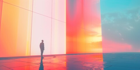 Visionary exploration of tech-assisted health community by a man in a minimalist cyber landscape with glowing gradients