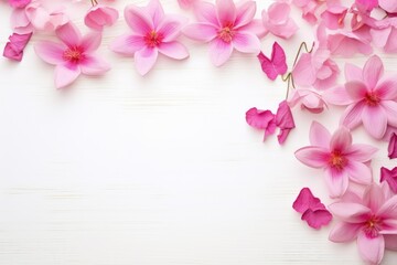 A fresh, vibrant display of pink blossoms spread across a white wooden surface, invoking a feeling of spring.