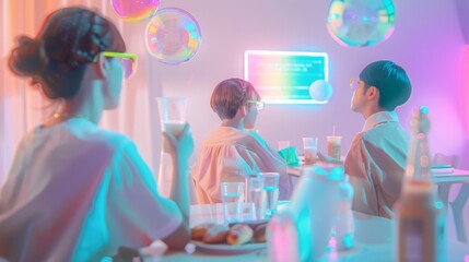 Artistic mocktail creation scene with young adults in a luminescent environment with bubble effects