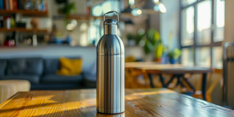 Stainless Steel Water Bottle: Stay hydrated on the go while reducing plastic waste , advertising style, copy space, - obrazy, fototapety, plakaty