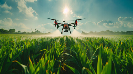 drone spraying on crop field, famer using modern technology for crop maintenance, technology use in agriculture 