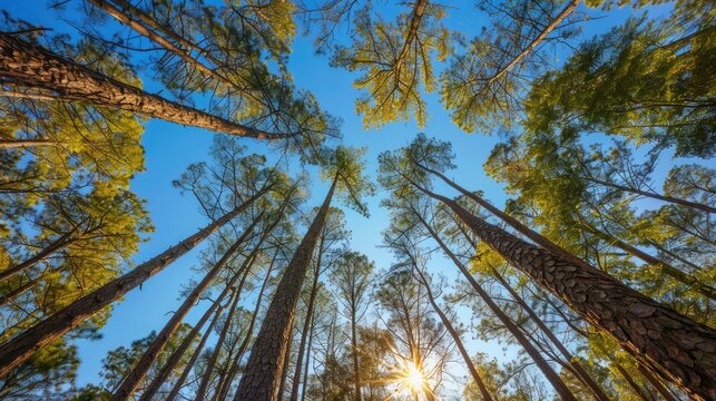 The sun peeks through a dense canopy of pine trees, casting dappled light on the forest floor in a tranquil woodland setting.