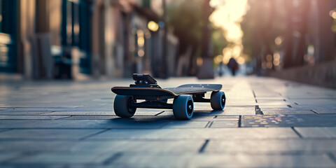This skateboard features a powerful motor and a long-lasting battery, allowing you to cruise at high speeds for extended periods - obrazy, fototapety, plakaty