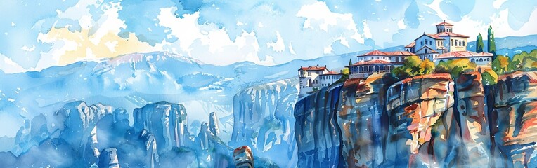 A painting of a mountain with a house on top