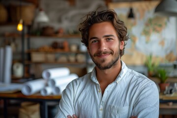 Obraz premium A man with a white shirt, crossed arms, and facial hair stands in a room 2
