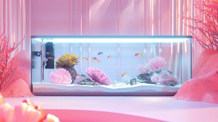 Elegant aquarium artistry unfolds in a modern studio, where aquatic architecture meets contemporary design in a pink pastel dream