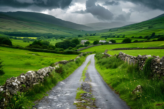 Rolling Green Hills under a Radiant Sky: A Classic Image of Irish Countryside