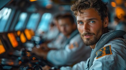 A bearded man sits at the boats helm, sharing smiles and having fun