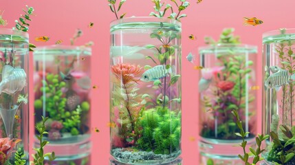 Serene aquatic art display with vibrant fish and plants in cylindrical tanks against a pastel pink backdrop