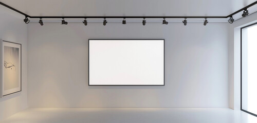 A modern and sleek art area including track lighting that illuminates a white wall blank poster