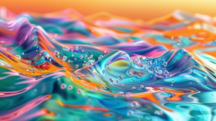 Abstract composition of vibrant undulating waves on water, capturing the interplay of pastel colors and light. Concept of fluid dynamics, art, and digital rendering