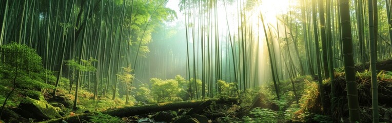 A dense forest dominated by tall bamboo trees is captured in this vivid scene. The thick foliage...