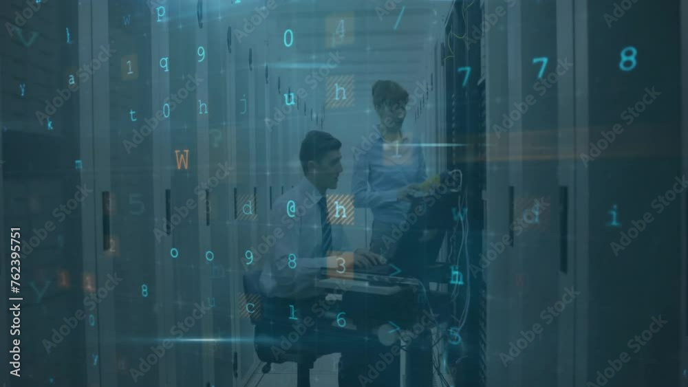 Poster animation of digital data processing over caucasian it engineers with laptop by computer servers