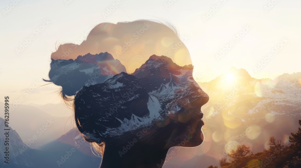 Poster a close-up of a womans face with a backdrop of towering mountains in the distance, creating a striki