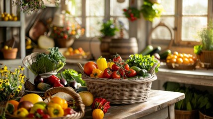 Various fruits and vegetables are arranged on a table, showcasing a colorful and healthy selection of produce - obrazy, fototapety, plakaty