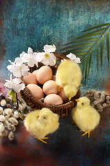 Easter background with a wicker basket full of eggs and yellow chickens