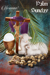 Palm Sunday background with the cross, chalice with Eucharist, lambs and inscriptions